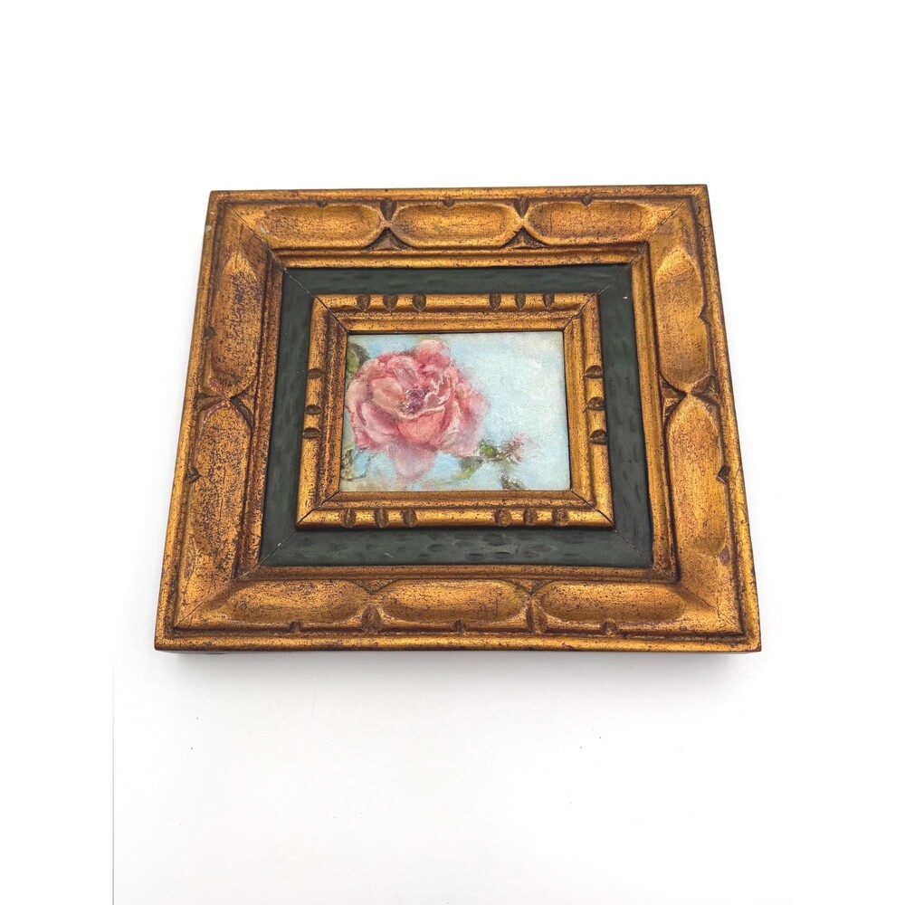 Small Gold Wood Framed Original Painting Rose Art on Board